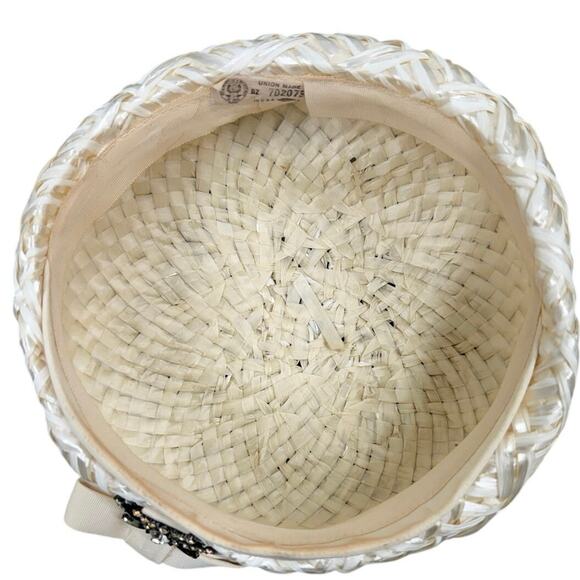 Vintage 1960s White Raffia Pillbox Hat Rhinestone Bow Union Label main image 5
